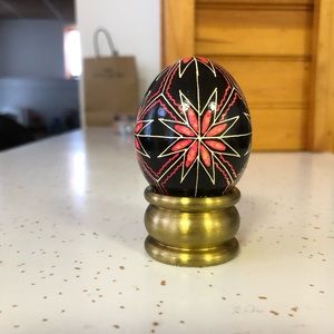 Hand Painted, Real Hollowed Out Egg Shell with Abstract Design and Metal Stand